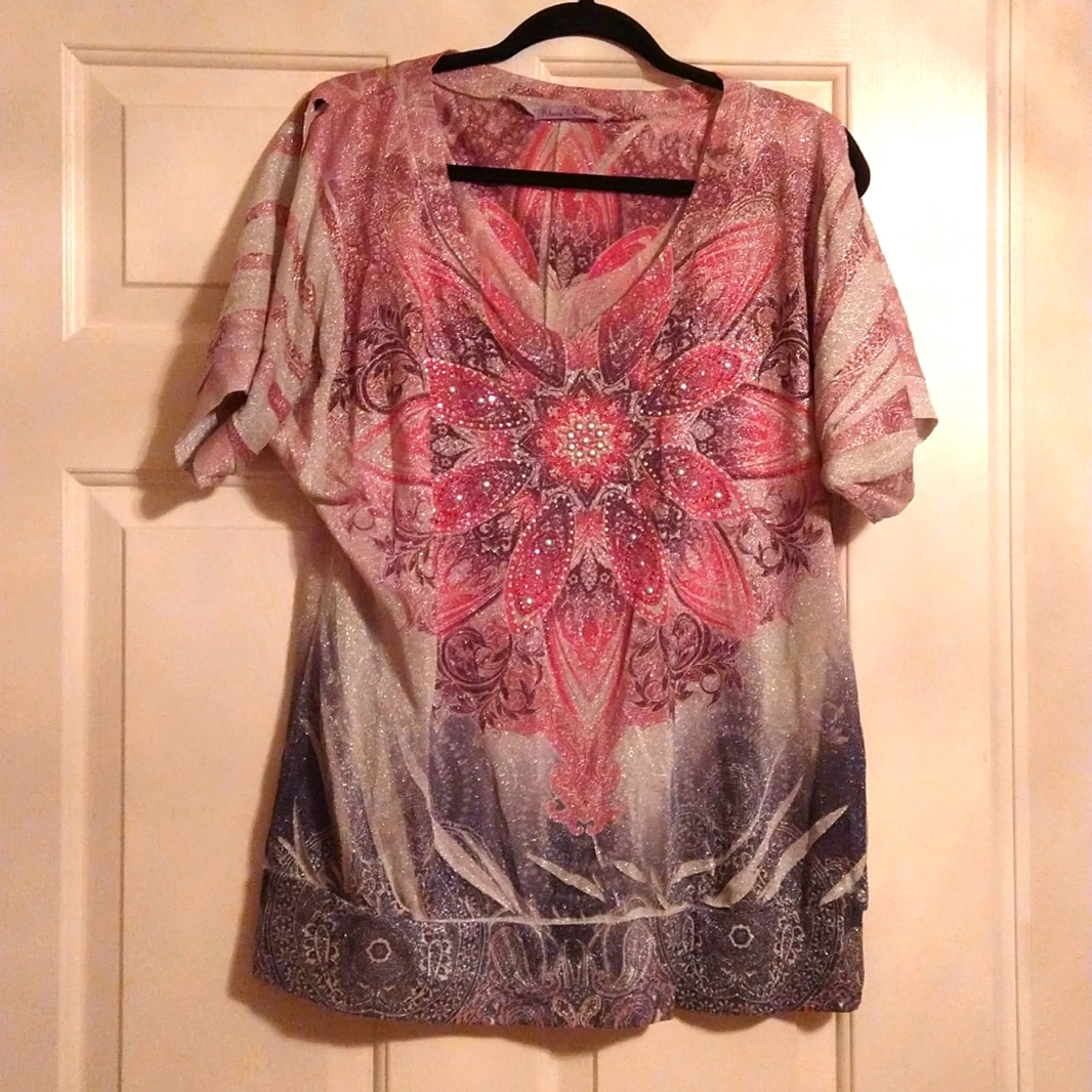 Women's plus size pink, gray and Silver Art deco shimmery blouse size 3X